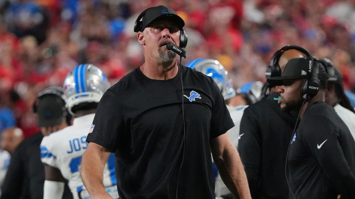 Detroit Lions head coach Dan Campbell during the first half at GEHA Field at Arrowhead Stadium.