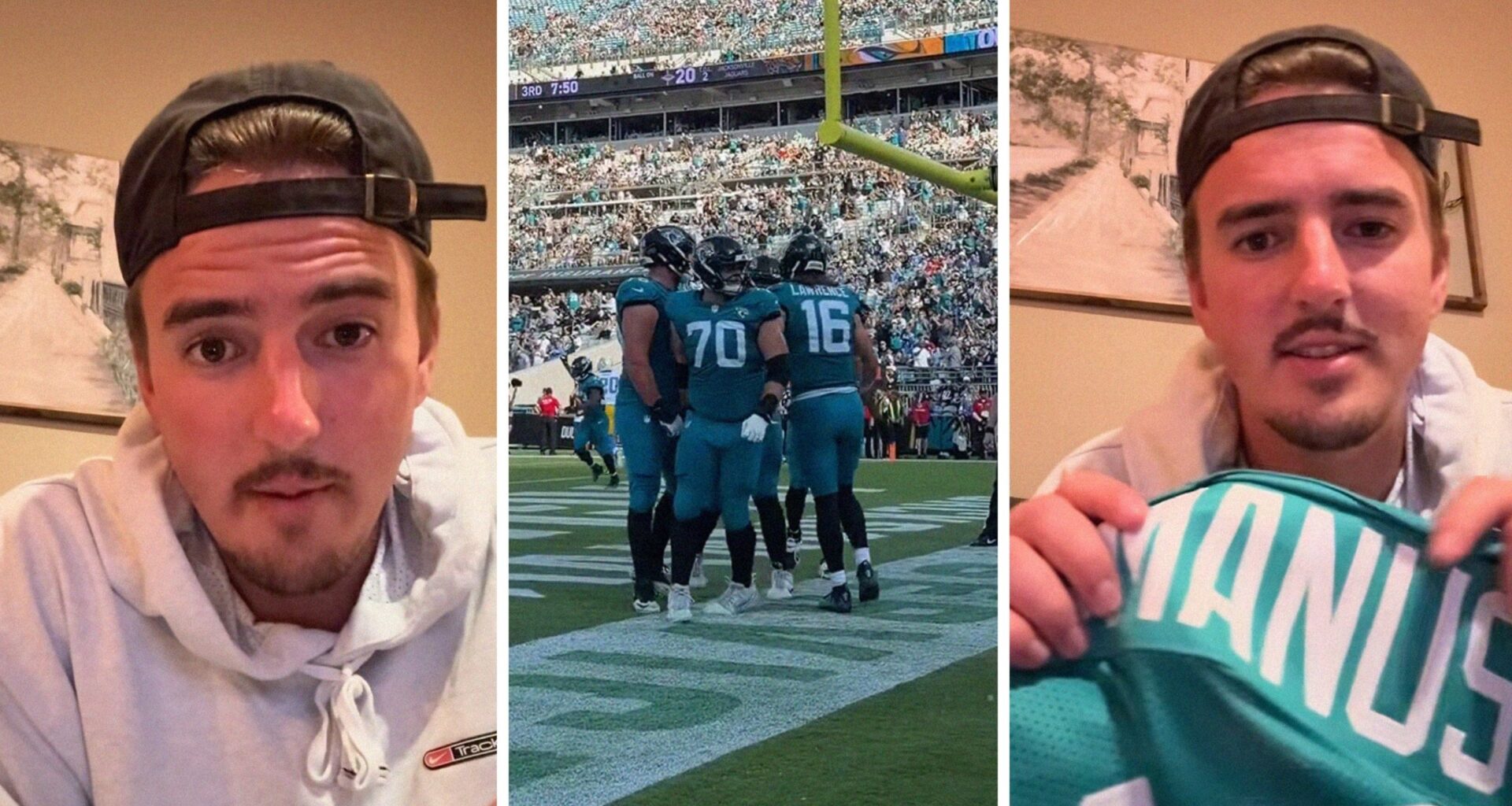 man shares purchase issue (l) jaguars game (c) man holding up jersey he purchased (r)