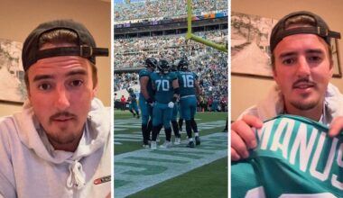 man shares purchase issue (l) jaguars game (c) man holding up jersey he purchased (r)