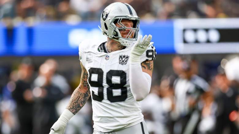 Maxx Crosby #98 of the Las Vegas Raiders reacts after a sack against the Los Angeles Rams during the first quarter at SoFi Stadium on October 20, 2024 in Inglewood, California.