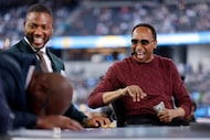 ESPN’s Stephen A. Smith (right) has the guys on the set laughing as he flashes $100 bills...