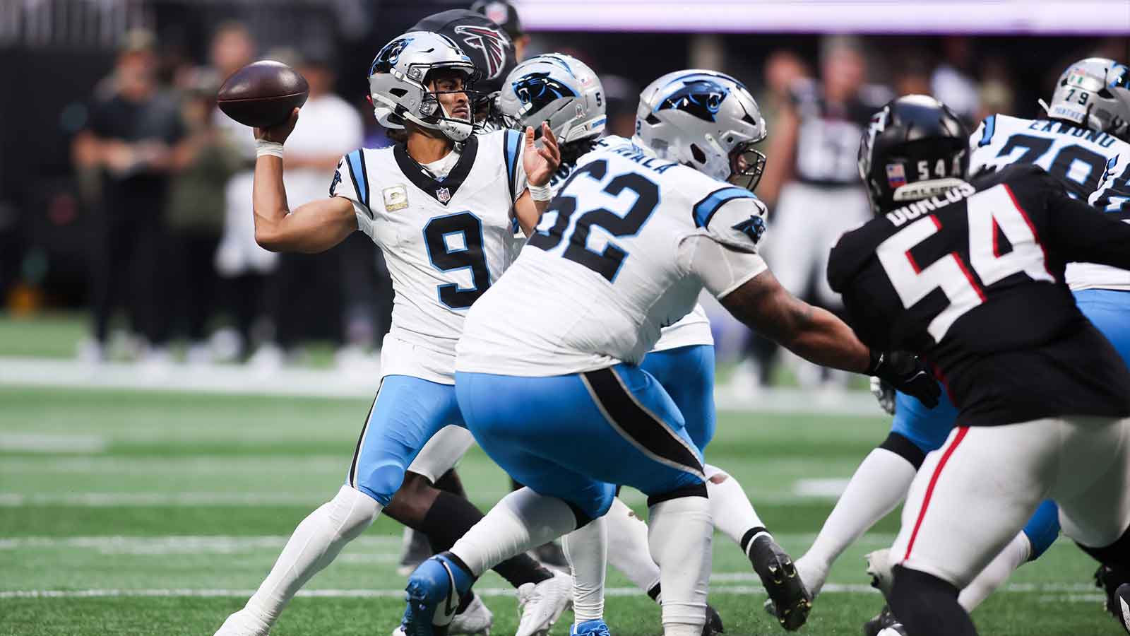 Carolina Panthers quarterback Bryce Young (9) prepares to throw in the third quarter against the Atlanta Falcons at Mercedes-Benz Stadium.