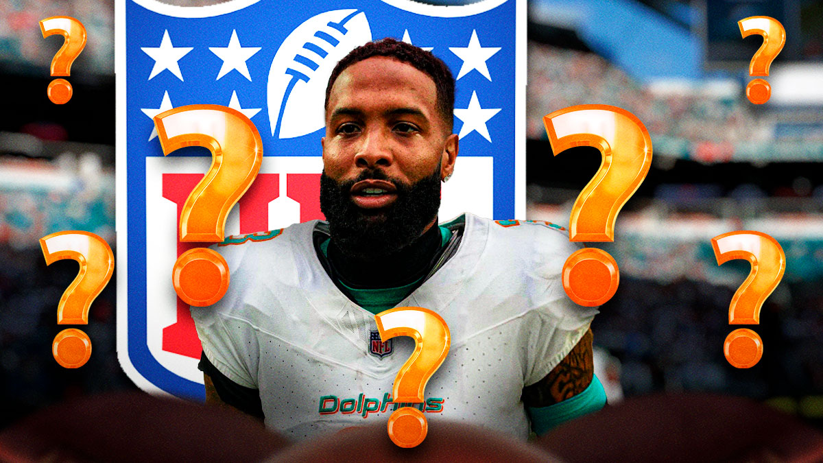 NFL wide receiver Odell Beckham Jr. surrounded by question mark emojis. There is also a logo for the NFL.