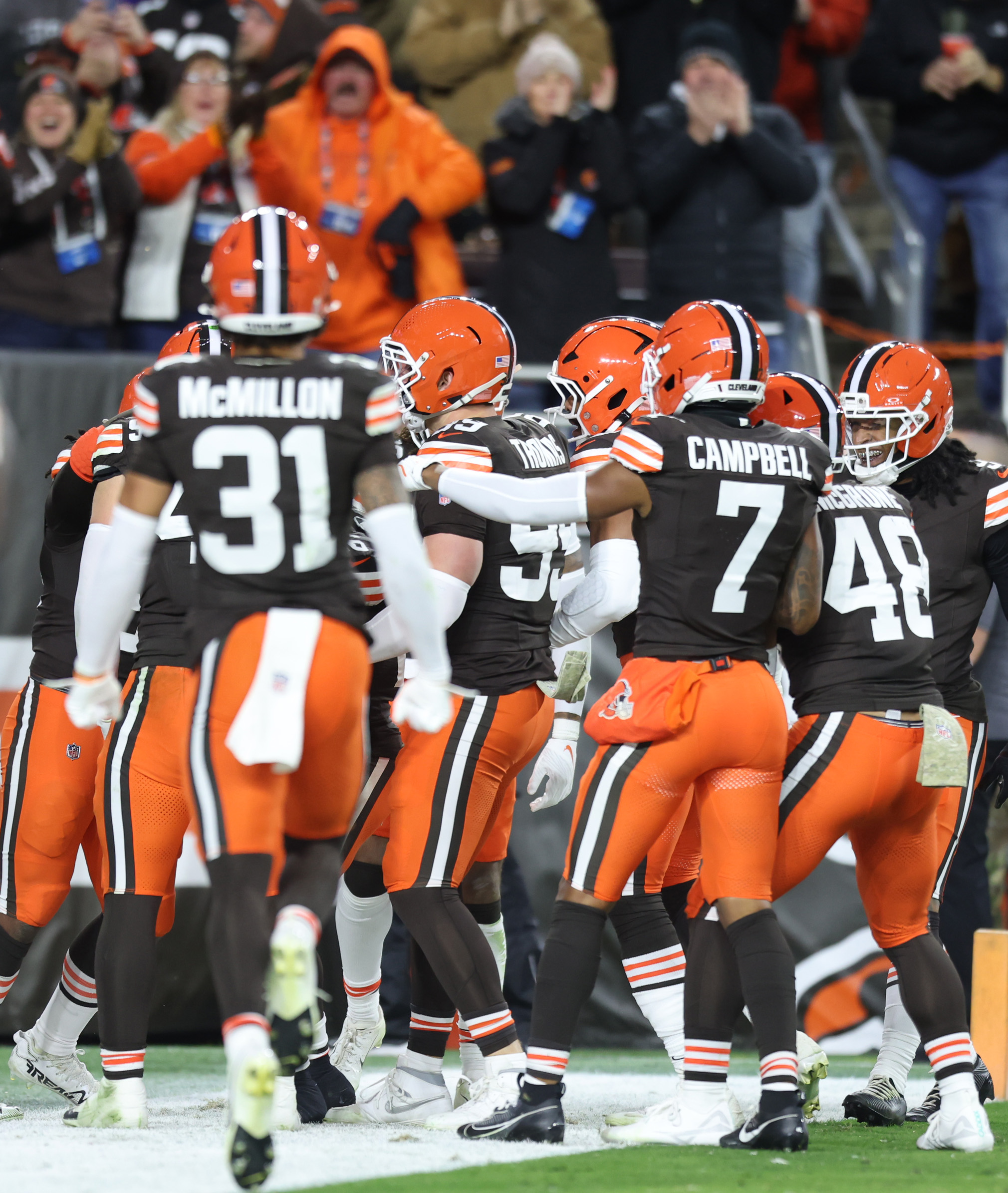 Cleveland Browns defense celebrates the pick six by Cleveland Browns linebacker Devin Bush in the first half against the Baltimore Ravens.  