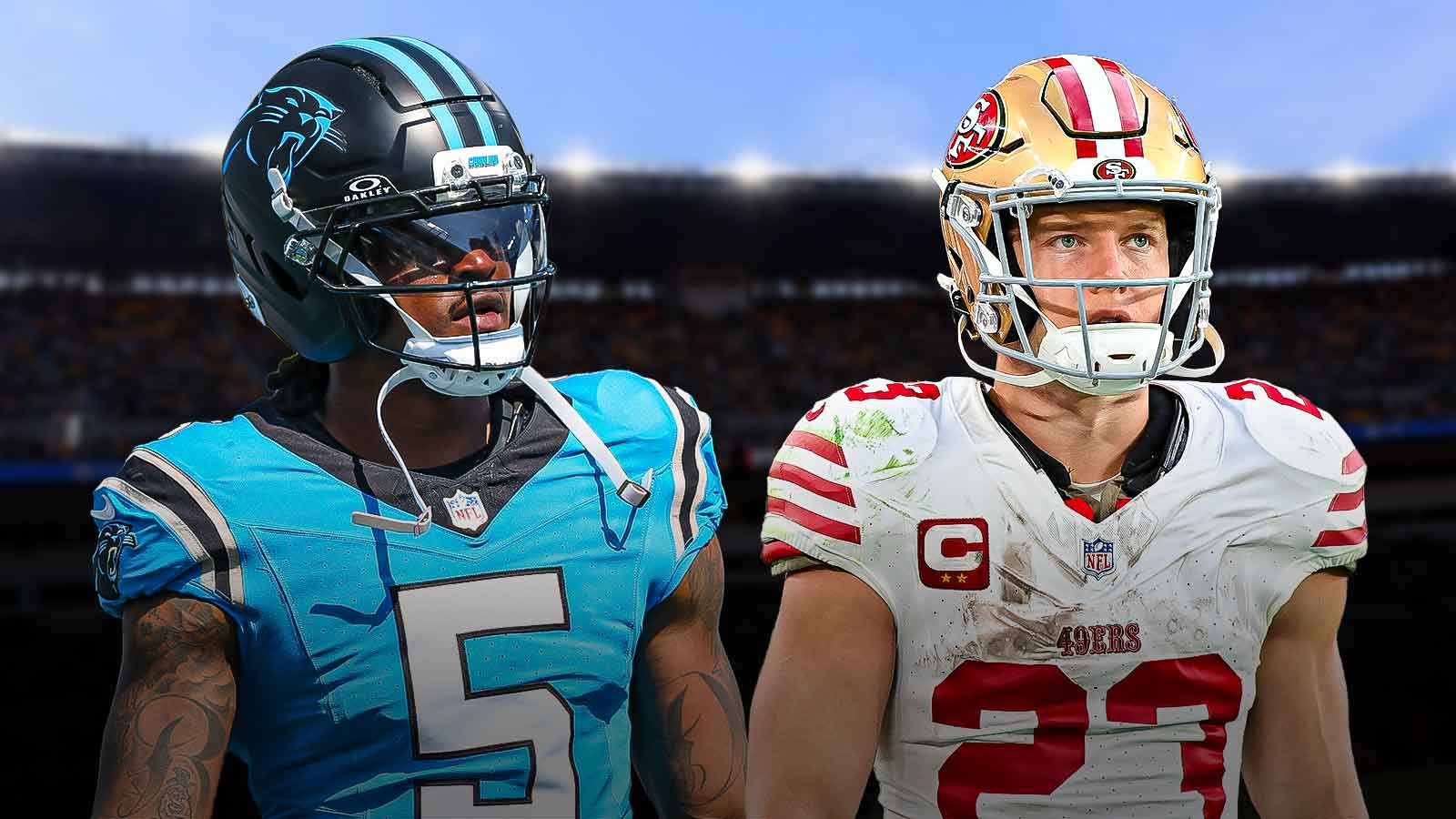 Daniel Jones with Colts logo behind him on the left. VS in the middle. Patrick Mahomes and the Chiefs logo behind him on the right.