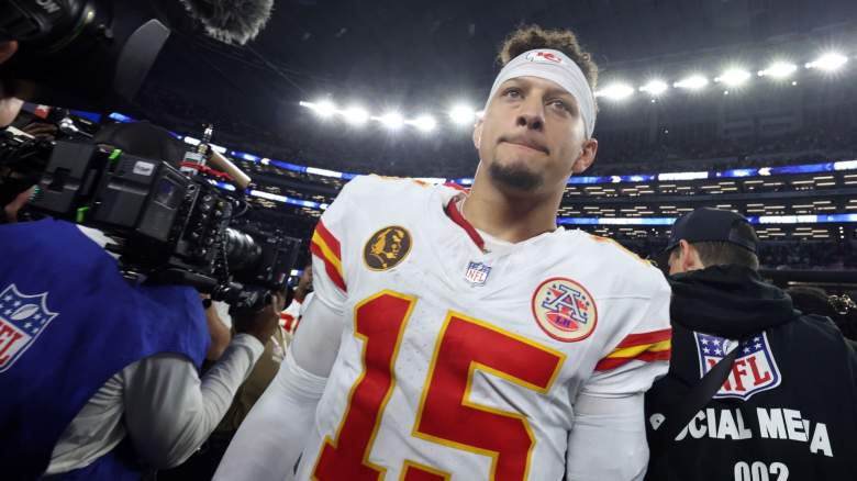 Patrick Mahomes #15 of the Kansas City Chiefs reacts after being defeated by the Dallas Cowboys in the game at AT&T Stadium on November 27, 2025 in Arlington, Texas