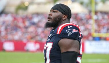 New England Patriots defensive end Milton Williams (97) walks the sideline during an NFL football game against the Tampa Bay Buccaneers, Sunday, Nov. 9, 2025, in Tampa, Fla. Patriots defeated the Buccaneers 28-23.