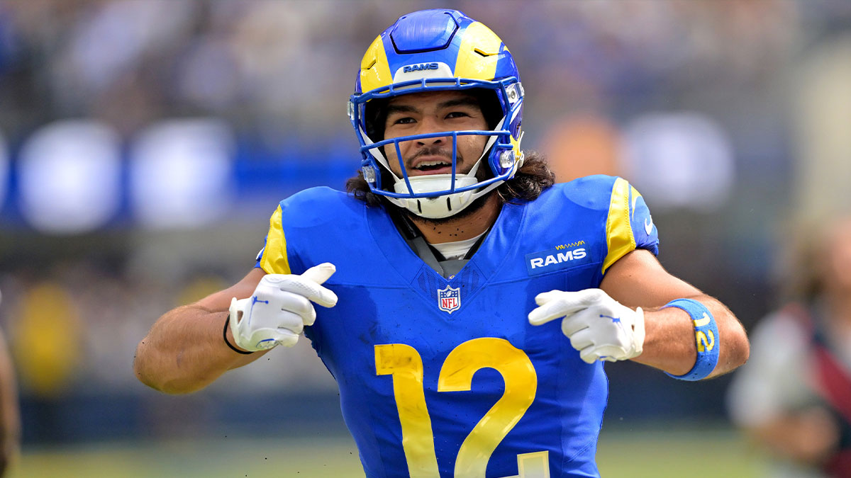 Los Angeles Rams wide receiver Puka Nacua (12) celebrates after a complete pass and first down during the first half against the Indianapolis Colts at SoFi Stadium.