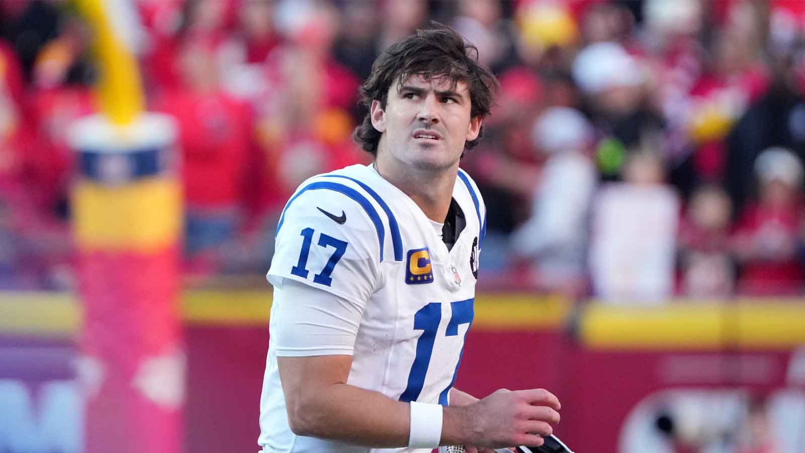 Indianapolis Colts quarterback Daniel Jones (17) looks on in the second half against the Kansas City Chiefs at GEHA Field at Arrowhead Stadium