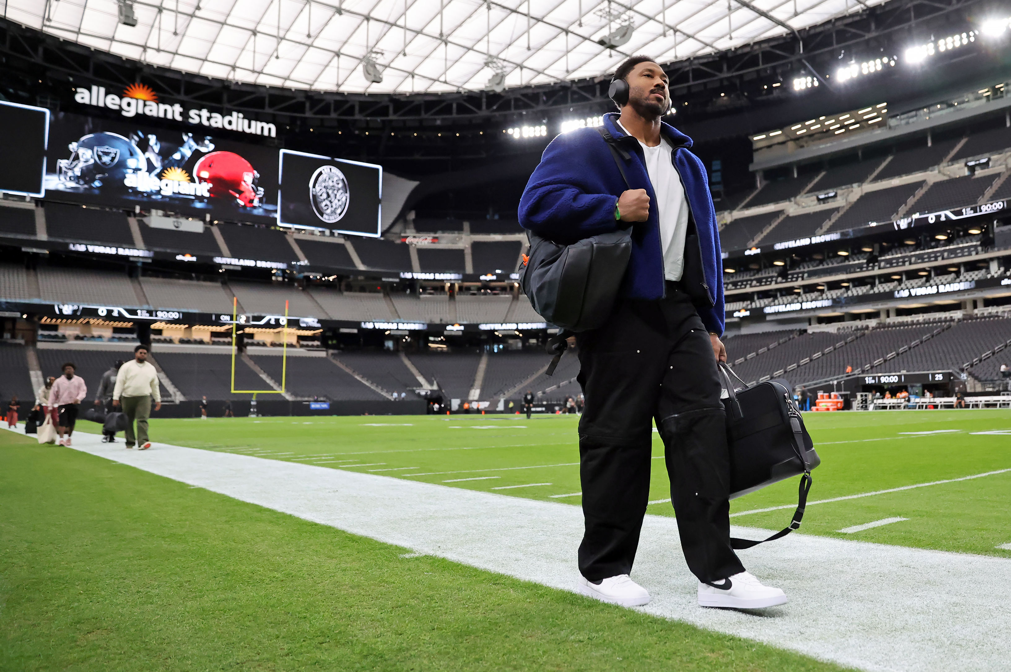 Cleveland Browns defensive end Myles Garrett arrives before the game against the Las Vegas Raiders. 