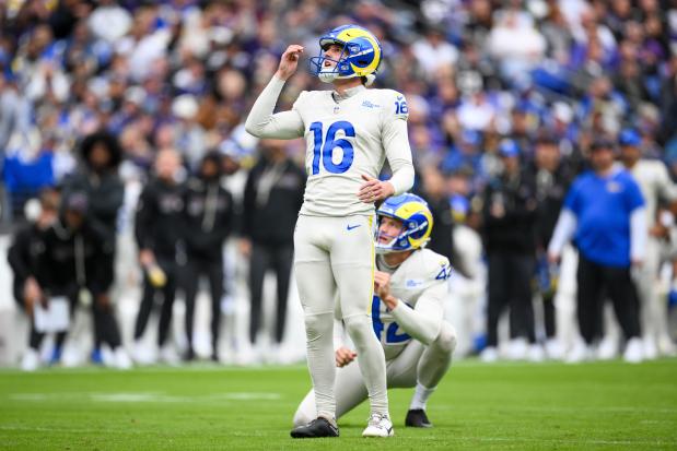 Los Angeles Rams kicker Joshua Karty reacts after missing a field goal against the Baltimore Ravens during the first half of an NFL football game Sunday, Oct. 12, 2025, in Baltimore. (AP Photo/Nick Wass)