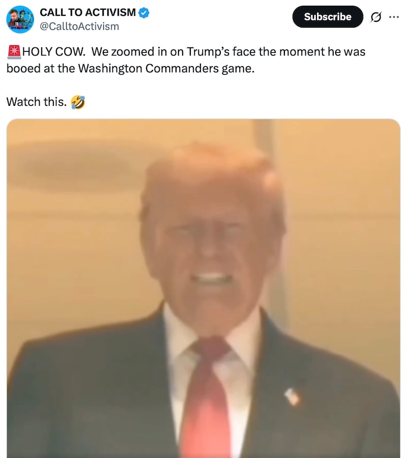 X account Call to Activism post a close-up of Donald Trump's during NFL booing.