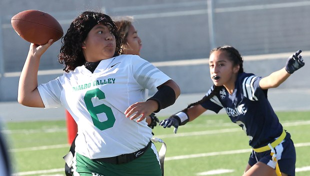 Pajaro Valley High quarterback Aaliyah Suarez throws downfield against Notre Dame of San Jose during the inaugural CCS D-II playoffs on Monday. (Shmuel Thaler - Santa Cruz Sentinel)