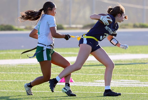 Pajaro Valley High’s Denise Magallon grabs Marissa Barba’s flag for...
