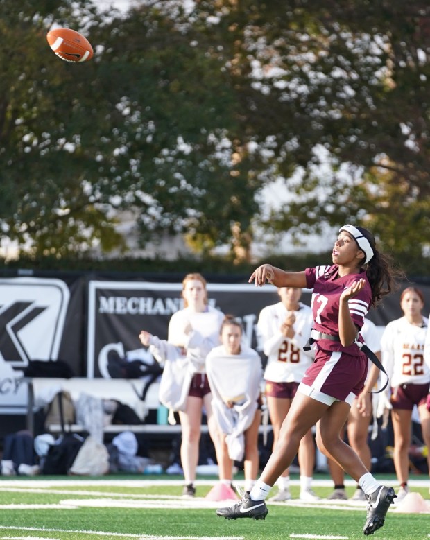 St. Francis High sophomore quarterback Liliana Whitmeyer passes against visiting...
