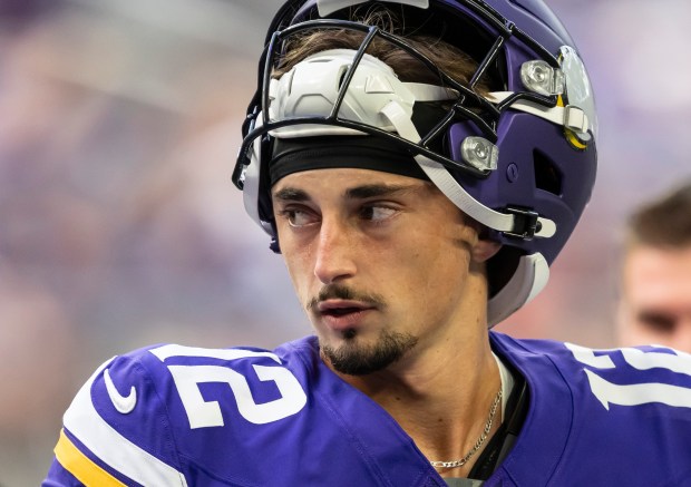 Minnesota Vikings quarterback Max Brosmer (12) during warmups before the start of a NFL game against the Cincinnati Bengals at U.S. Bank Stadium in Minneapolis on Sunday, Sept. 21, 2025. (John Autey / Pioneer Press)