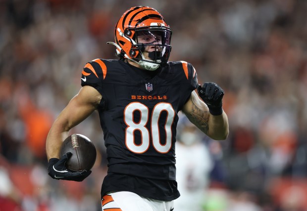 CINCINNATI, OHIO - DECEMBER 28: Andrei Iosivas #80 of the Cincinnati Bengals runs with the ball during the second half against the Denver Broncos at Paycor Stadium on December 28, 2024 in Cincinnati, Ohio. (Photo by Andy Lyons/Getty Images)