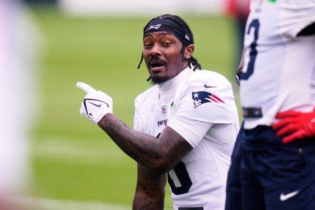 New England Patriots wide receiver Stefon Diggs during an NFL football practice, Monday, June 9, 2025, in Foxborough, Mass. (AP Photo/Charles Krupa)