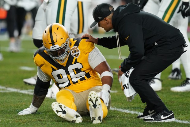 Pittsburgh Steelers' Daniel Ekuale is hurt during the first half of an NFL football game against the Green Bay Packers Sunday, Oct. 26, 2025, in Pittsburgh. (AP Photo/Matt Freed)