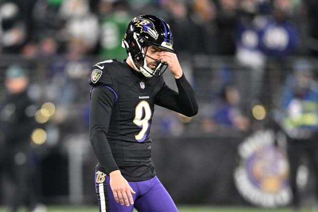 BALTIMORE, MARYLAND - DECEMBER 01: Justin Tucker #9 of the Baltimore Ravens reacts during the third quarter after missing his third kick of the night against the Philadelphia Eagles at M&T Bank Stadium on December 01, 2024 in Baltimore, Maryland. Philadelphia defeated Baltimore 24-19. (Photo by Greg Fiume/Getty Images)
