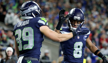 Seattle Seahawks Coby Bryant Ty Okada high-five Texans 2025...