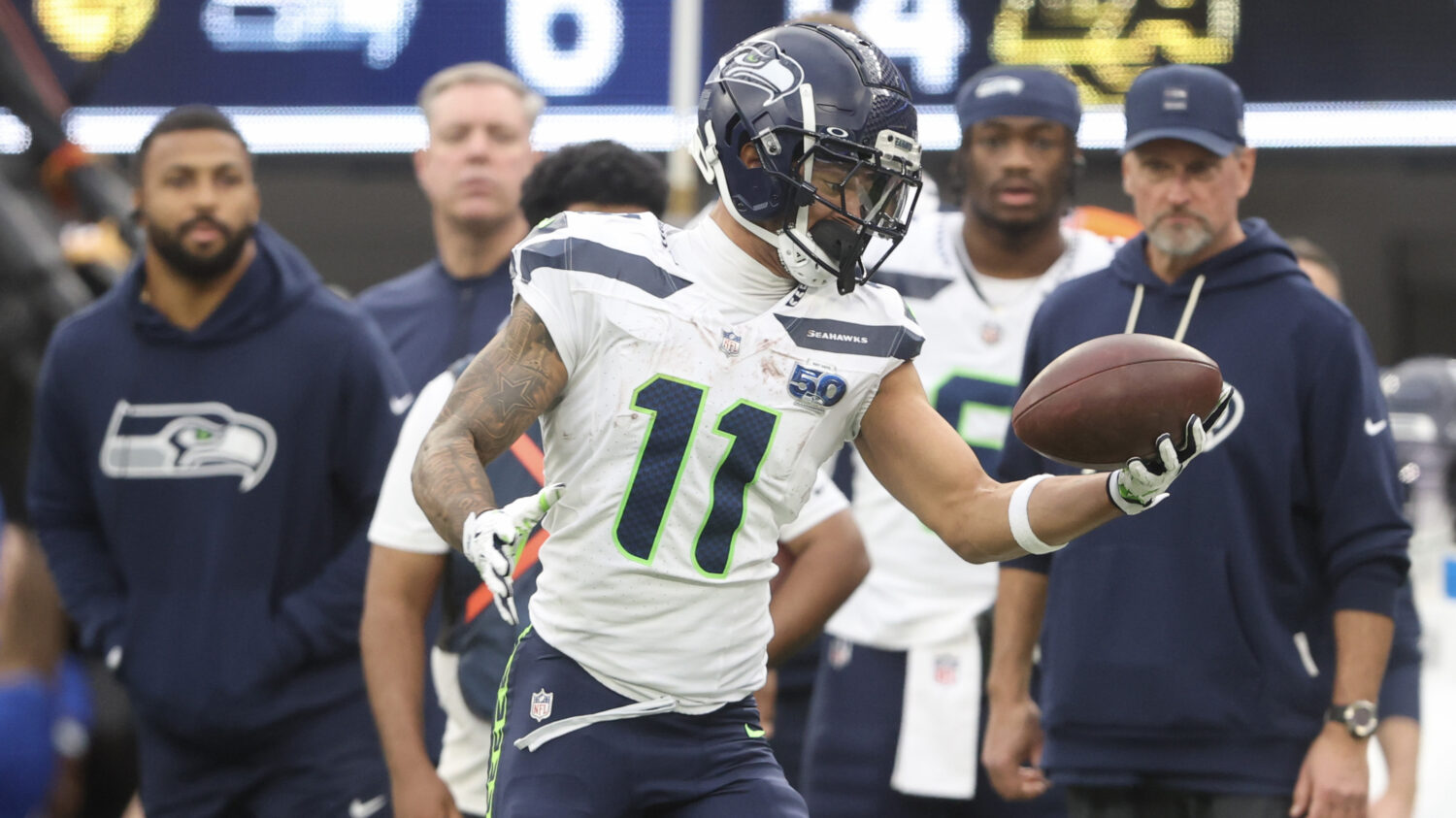 Seattle Seahawks Jaxon Smith-Njigba one-handed catch Los Angeles Rams 2025...