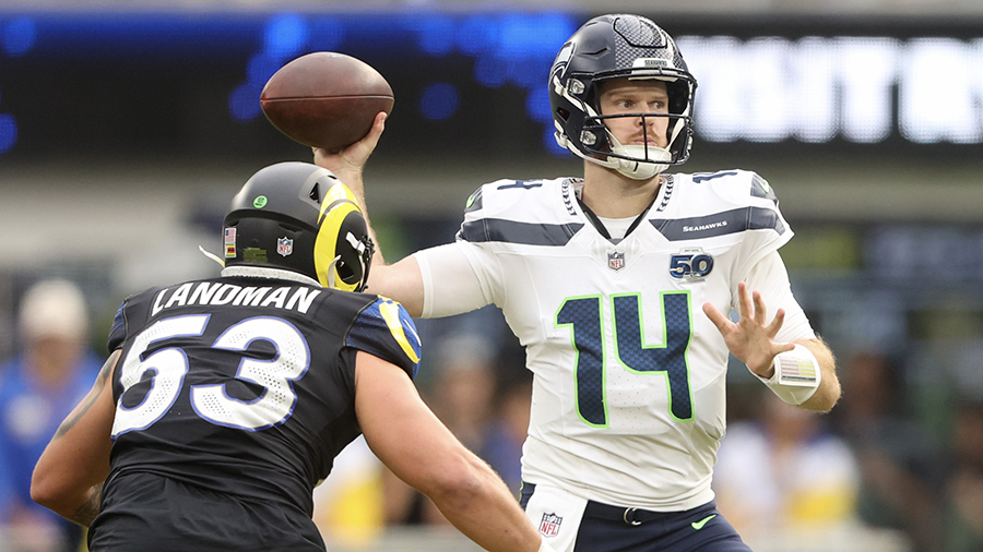 Seattle Seahawks Sam Darnold throws pass Los Angeles Rams 2025...