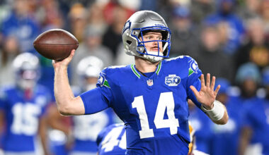 Seattle Seahawks Sam Darnold throws pass Washington Commanders 2025...