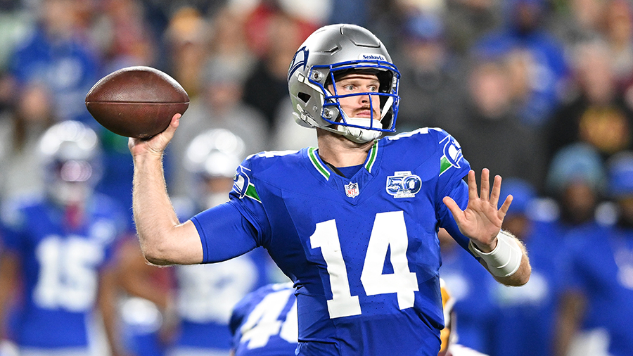 Seattle Seahawks Sam Darnold throws pass Washington Commanders 2025...