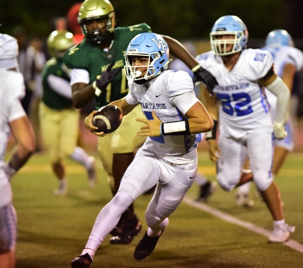 Villa Park QB Vince Lagatta has nowhere to run against Mira Costa in nonleague football game Friday Sept. 26, 2025 (Photo by Robert Casillas, Contributing Photographer)