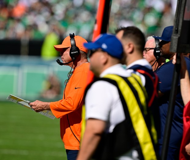 Denver Broncos head coach Sean Payton along the sidelines in the first half against the Philadelphia Eagles at Lincoln Financial Field in Philadelphia, Pennsylvania, on Sunday, Oct. 05, 2025. (Photo by Andy Cross/The Denver Post)