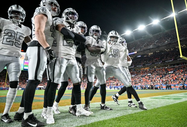 Kyu Blu Kelly (36) of the Las Vegas Raiders celebrates...