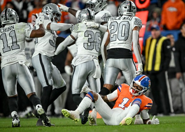 Troy Franklin (11) of the Denver Broncos sits on the...