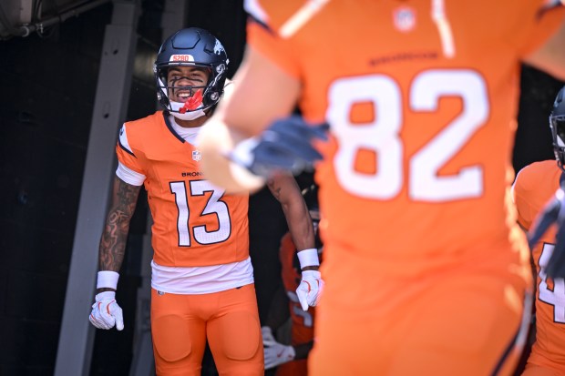 Pat Bryant (13) of the Denver Broncos takes the field before the game against the Tennessee Titans at Empower Field at Mile High on Sunday, Sept. 7, 2025. (Photo by AAron Ontiveroz/The Denver Post)