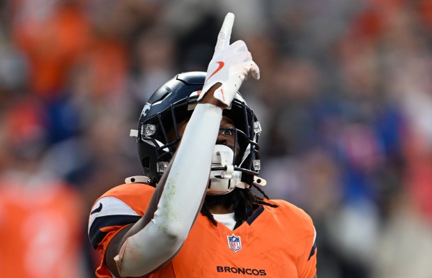 Jaleel McLaughlin (38) of the Denver Broncos celebrates a touchdown against the Kansas City Chiefs at Empower Field at Mile High on Nov. 16, 2025. (Photo by RJ Sangosti/The Denver Post)