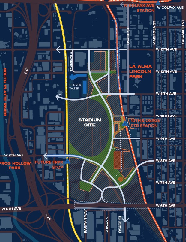 A map of the Burnham Yard area that the Broncos submitted as part of their large-area plan for the new stadium site and entertainment district. (Image courtesy of Denver Broncos)