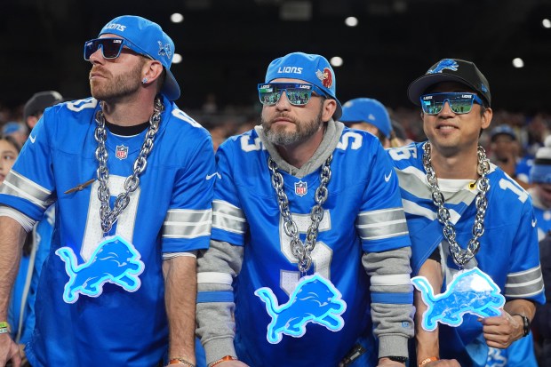 Detroit Lions fans watch during the first half of an...