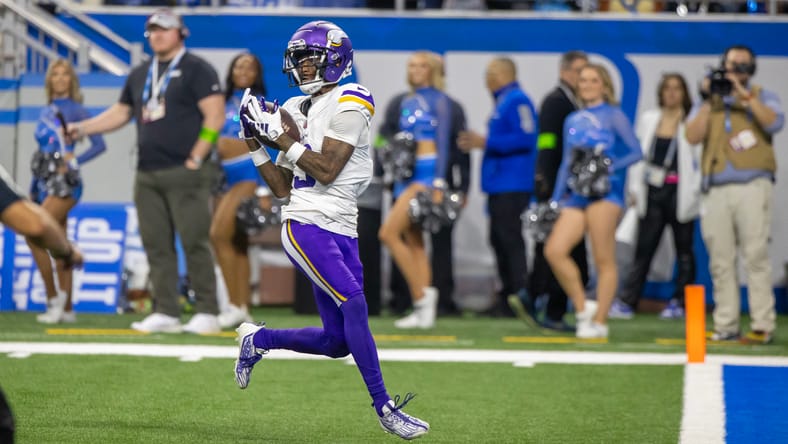 Vikings WR Jordan Addison at the Lions in a 2023 game.