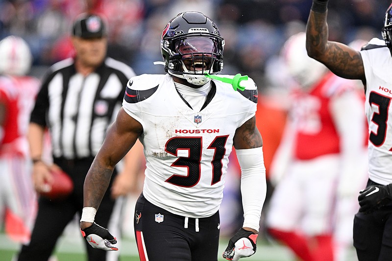 Oct 13, 2024; Foxborough, Massachusetts, USA; Houston Texans running back Dameon Pierce (31) reacts after scoring a touchdown against the New England Patriots during the second half at Gillette Stadium. Mandatory Credit: Brian Fluharty-Imagn Images