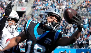 Dec 22, 2024; Charlotte, North Carolina, USA; Carolina Panthers wide receiver Jalen Coker (18) attempts to catch the ball in the end zone as Arizona Cardinals safety Jalen Thompson (34) defends in the first quarter at Bank of America Stadium. Mandatory Credit: Bob Donnan-Imagn Images