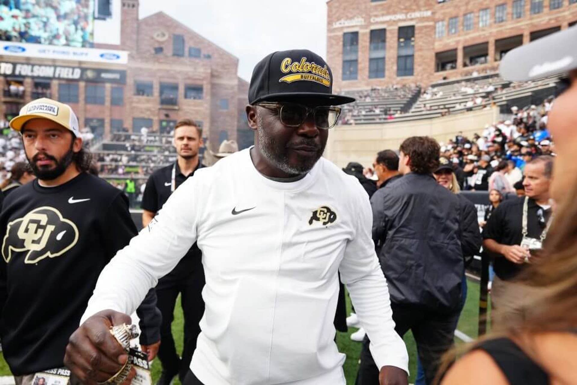 Colorado Buffaloes running backs coach Marshall Faulk before the game against the Georgia Tech Yellow Jackets at Folsom Field.