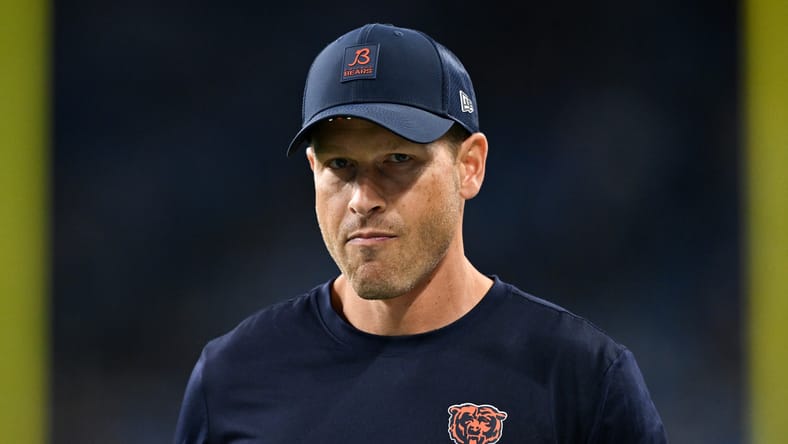Ben Johnson observes warmups before a Bears game at Ford Field