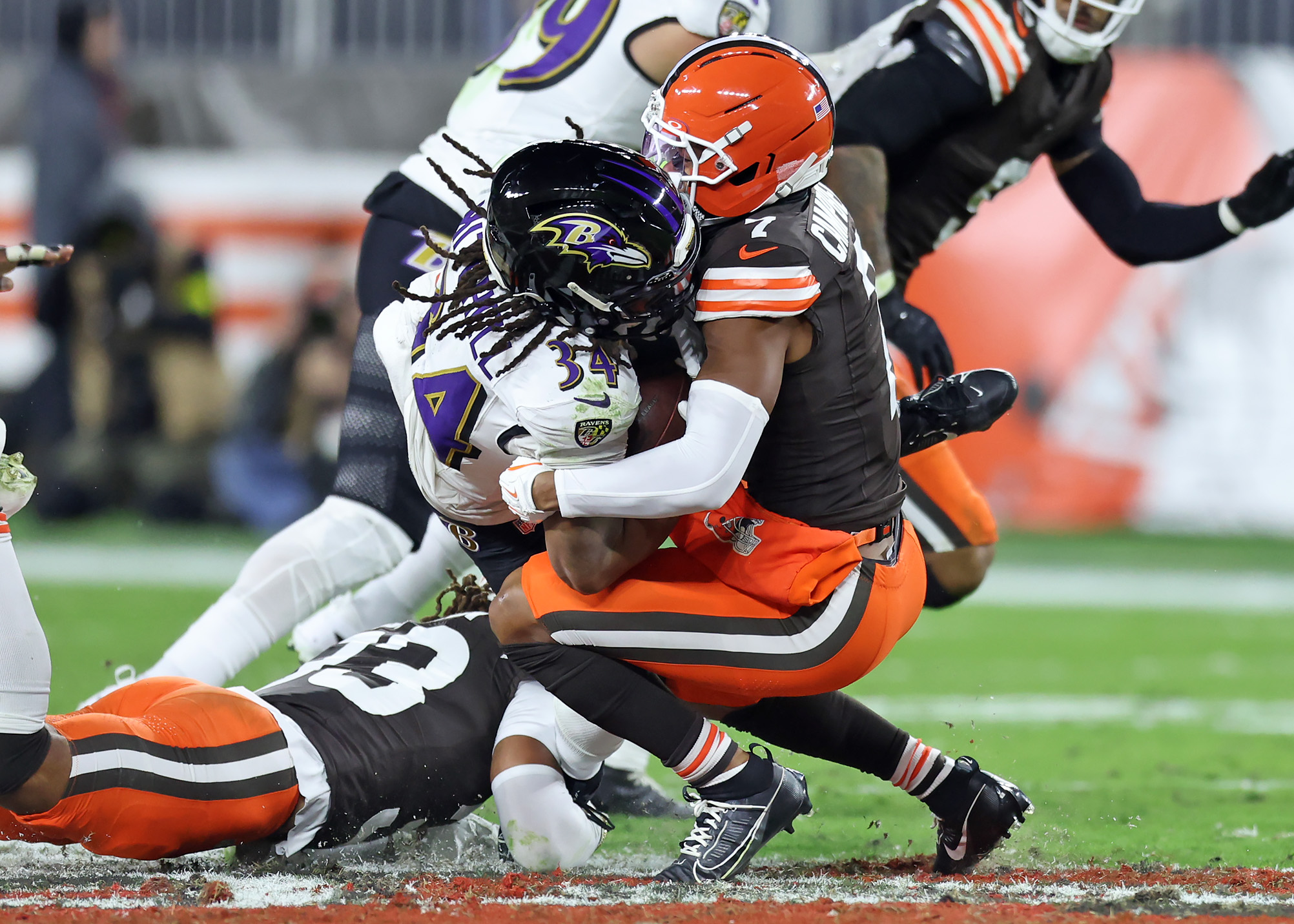 Cleveland Browns cornerback Tyson Campbell stops Baltimore Ravens running back Keaton Mitchell in the second half of play. 