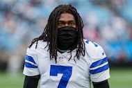 Dallas Cowboys cornerback Trevon Diggs (7) warms up before an NFL football game between the...