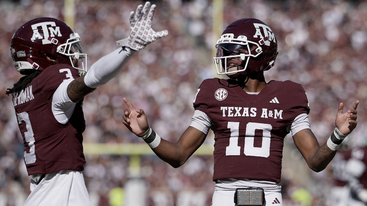 Texas A&M QB Marcel Reed celebrating touchdown vs. Samford (2025)