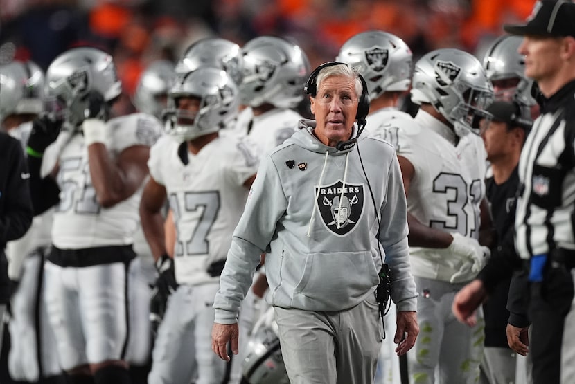 Las Vegas Raiders head coach Pete Carroll in the first half of an NFL football game...