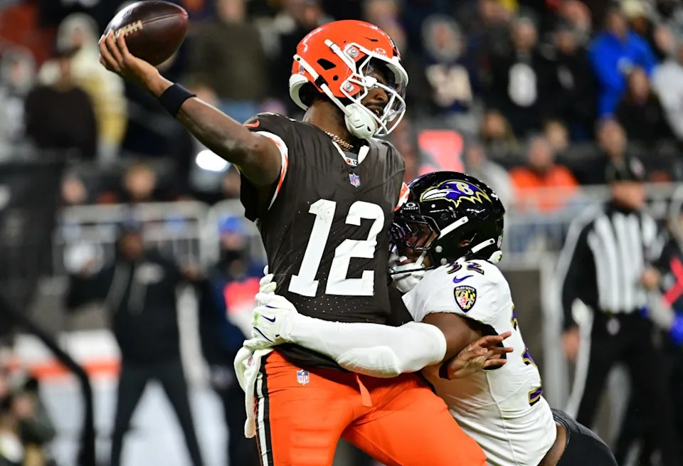 Cleveland Browns quarterback Shedeur Sanders (12) is sacked by Baltimore Ravens linebacker Trenton Simpson (32) during the fourth quarter at Huntington Bank Field. IMAGN IMAGES via Reuters Connect