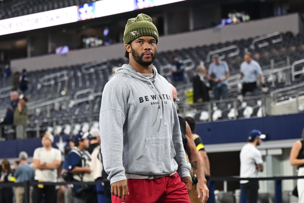Arizona Cardinals quarterback Kyler Murray walks on the field during warmups before an NFL football game against the Dallas Cowboys Monday, Nov. 3, 2025.