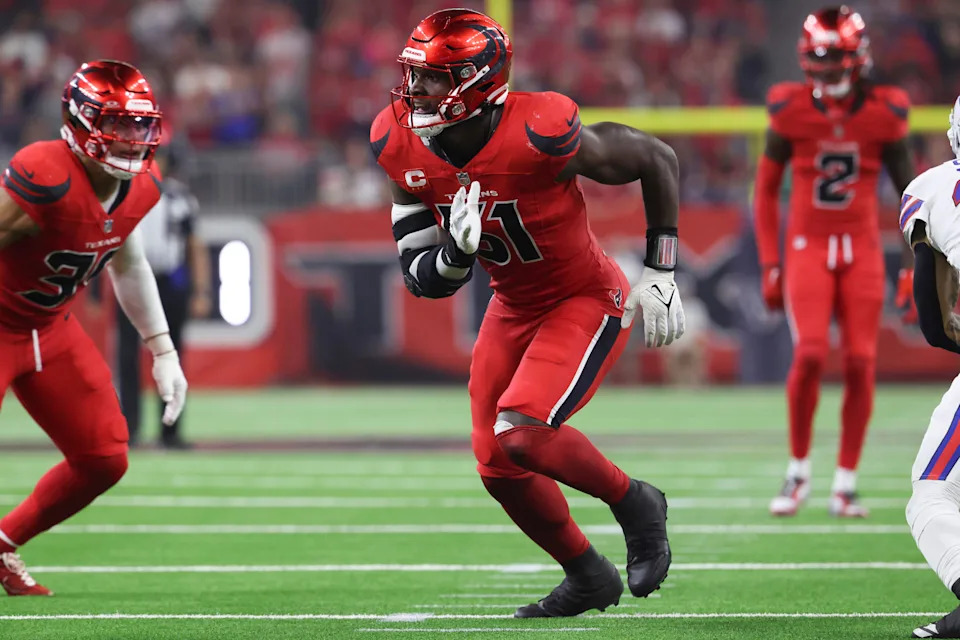 Nov 20, 2025; Houston, Texas, USA; Houston Texans defensive end Will Anderson Jr. (51) in action during the game against the Buffalo Bills at NRG Stadium. Mandatory Credit: Troy Taormina-Imagn Images