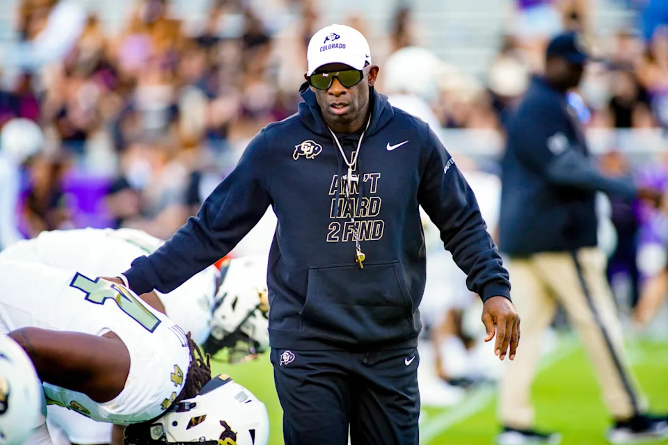 Colorado Buffaloes head coach Deion Sanders on the field during warm ups prior to a game against the TCU Horned Frogs at Amon G. Carter Stadium. Raymond Carlin III-Imagn Images